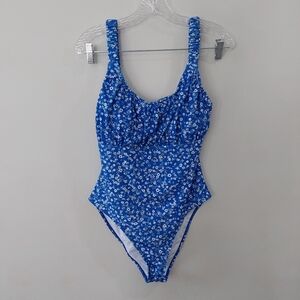 One-piece swimsuit XL NWOT blue white floral stretchy removable pads